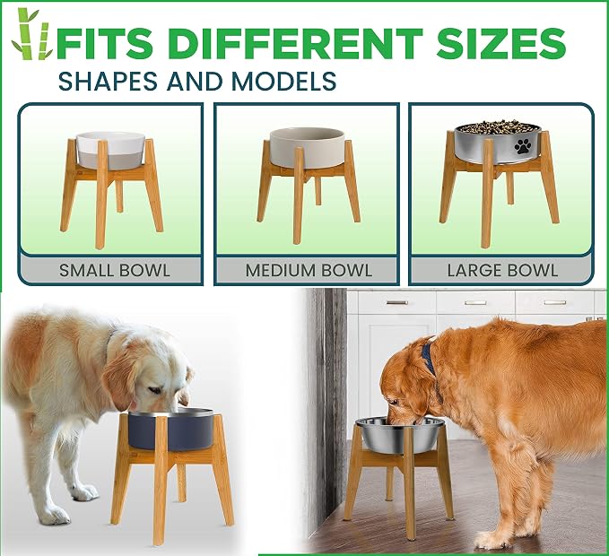 Dog Bowl Stand for Mid-Large Dogs | Adjustable, Bamboo, 12-inch High | Use to Elevate, Raise Pet Food Water and Slow Feeder Bowls, Expandable with Locking Option, Non-Slip Feet, Stand Only