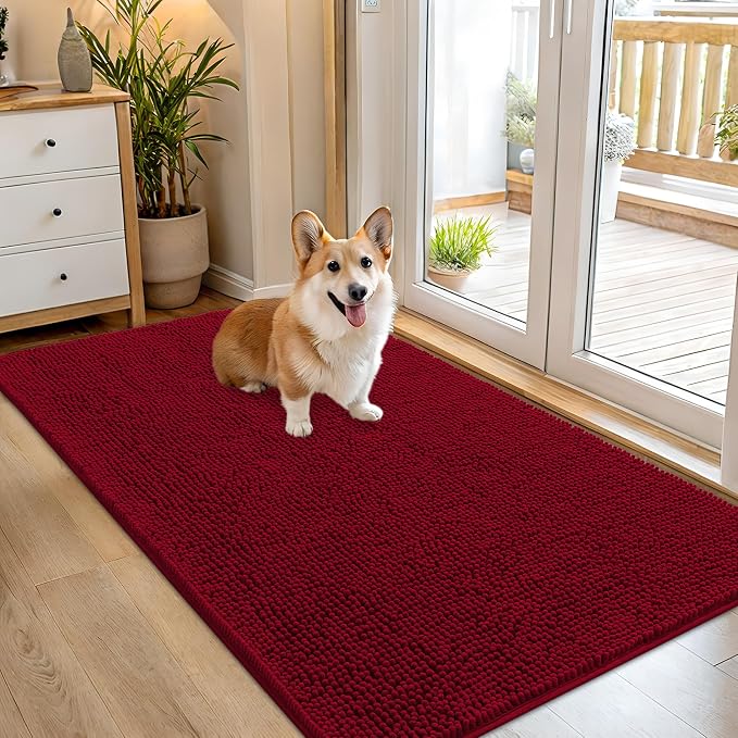 OLANLY Dog Door Mat for Muddy Paws 54x32, Super Absorbent Chenille Mud Mat | Red, Absorbs Moisture and Dirt, Non-Slip Machine Washable Doormat, Quick-Drying Indoor Entryway Floor Carpet for Dogs