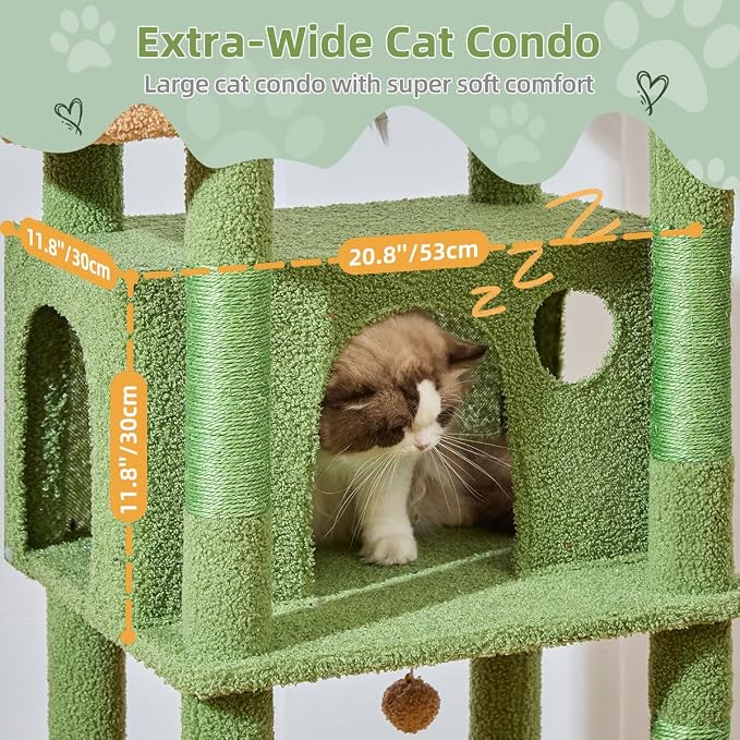 Taoqimiao Heavy-Duty Cat Tree, 71 in Cat Tower for Large Cats 20lbs+ | 3 Giant Multi-Tier Perches, Widened Cat Condo with 9 Scratching Posts, Plush Hammock & Basket, Toys, Cactus, MS034T