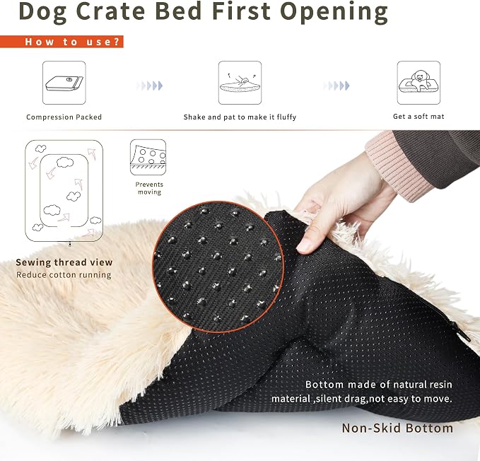 nononfish Dog Crate Bed for Small Dogs Washable Orthopedic Flat for Inside Crate Cages Kennel House Sofa Plush Comfy Sleeping Beige,24 in