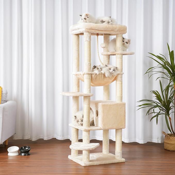 Heybly Cat Tree for Large Cats, 20lbs Heavy Duty, 60 inches HCT050M | Cat Tower for Indoor Cats with Big Padded Plush Perch, Multi-Level Furniture Condo with Cozy Basket, Beige
