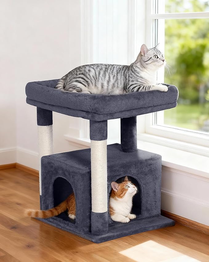 23.6" Cat Tree for Large Cat, 19 * 15.8 in Large Perch, Dark Gray | Cat Tower with Scratching Post, 2-door Cat Condo for Adult Indoor Cats, Easy to Clean and Install, Assembly tools included