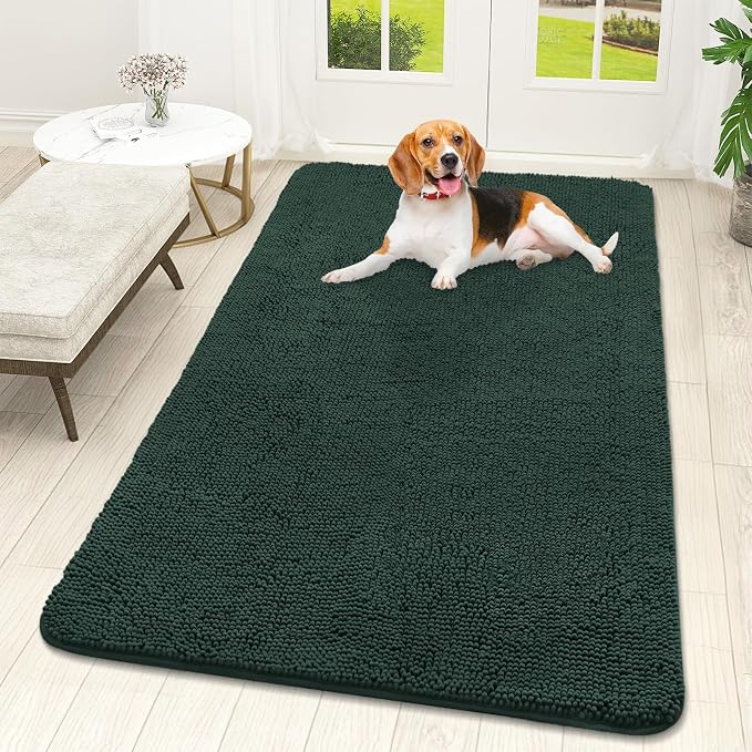 OLANLY Dog Door Mat for Muddy Paws 59x32, Super Absorbent Chenille Mud Mat | Blackish Green, Absorbs Moisture and Dirt, Non-Slip Machine Washable Doormat, Quick-Dry Indoor Entryway Floor Carpet for Dogs
