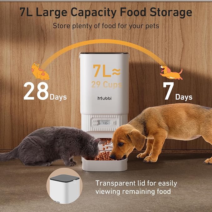 Automatic Cat Feeder - 7L/29 Cups Cat Food Dispenser with Desiccant Bag, 1–6 Meals, Ideal for 2–15mm Dry Food, Auto Pet Feeder with Dual Power Supply, Automatic Dog Feeder for Small Medium Breed
