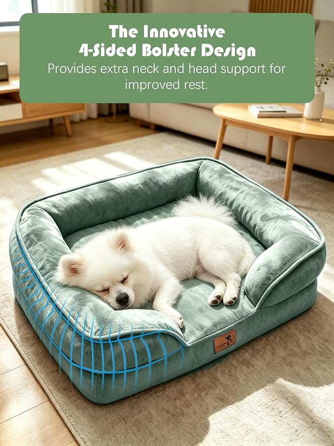 Spotted Play Orthopedic Dog Bed with Sides - Sofa Beds for Small Dogs, Supportive Foam Pet Couch Bed with Washable Removable Cover, Waterproof Lining and Non-Slip Bottom, Green - S