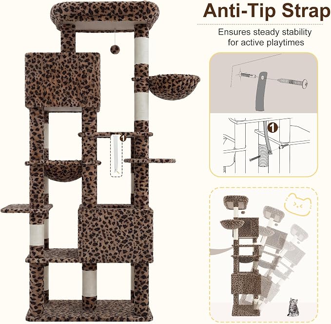 Heybly Cat Tree, 76-Inch Tall Heavy Duty Cat Tower for Big Cats HCT039BW | Multi-Level Large Cat Furniture with Extra Wide Baseboard, 2 Condos & 2 Hammocks, 10 Scratching Posts, Leopard Print