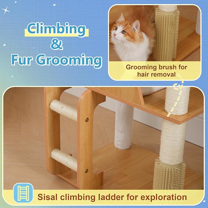 Hey-brother Wooden Cat Tree, Furniture Tower with Large Platforms, MPJ121WB | 69.7 inch, Modern Full Sisal Scratching Posts, Hammocks, Spacious Condo, Ladder, Brush, Water Proof Surface, Walnut