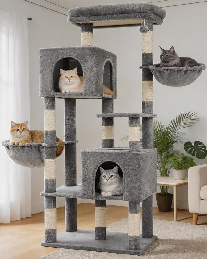 Heybly 68.1" Cat Tree with Oversized Top Platform & Wide Base HCT059W | Heavy Duty Cat Tower for Large Indoor Cats with 2 Condos, 2 Hammocks, 10 Sisal Scratching Posts, Stable Cat House, Light Gray