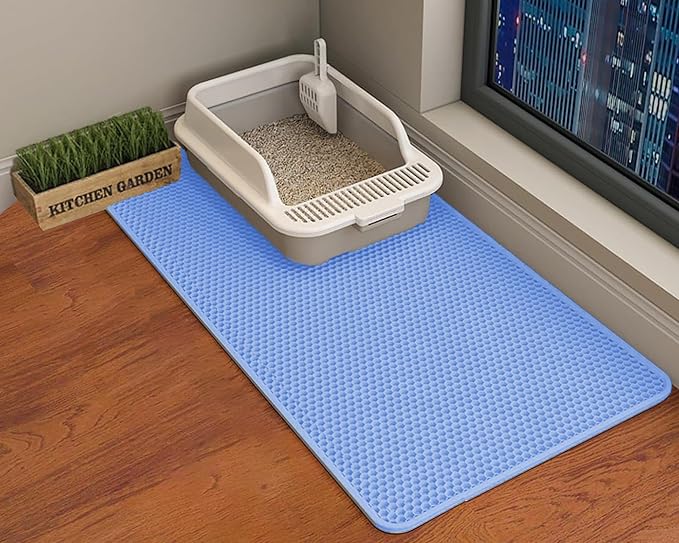 HCY&WLD Cat Litter Mat, Double Layer Cat Litter Box Mat (45x26 Inch, Blue) | Waterproof Urine-Proof Non-Slip Litter Trapping Mat, Soft on Kitty Paws, Scratch-Resistant, Scatter Control, Easy to Clean