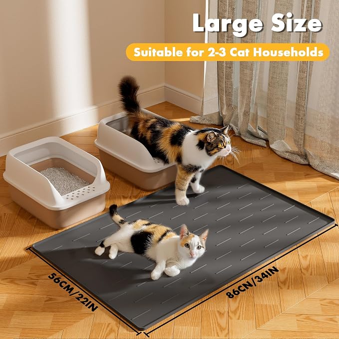 Pieviev Silicone Cat Litter Mat, Traps Litter & Easy to Clean, 34'' x 22'' | Raised Edges Lock Litter & Urine, Scratch and Wear-Resistant Cat Box Mat, Non-Slip Backing, Fit Most Standard Boxes