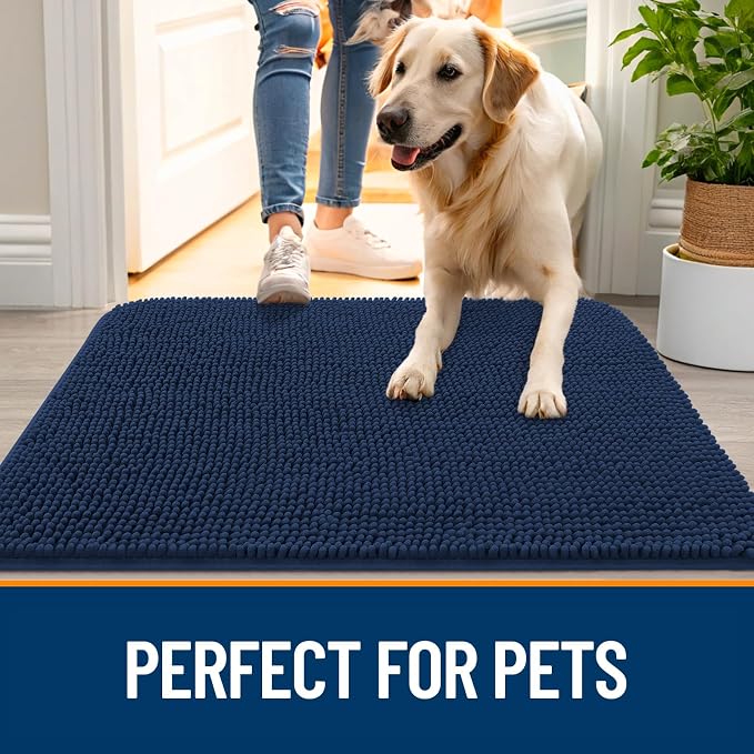 OLANLY Dog Door Mat for Muddy Paws 70x46, Super Absorbent Chenille Mud Mat | Dark Blue, Absorbs Moisture and Dirt, Non-Slip Machine Washable Doormat, Quick-Drying Indoor Entryway Floor Carpet for Dogs