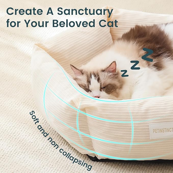 Cat Bed, 22 Inch Washable Corduroy Cat and Small Dog Bed with Removable Cover & Anti-Slip Bottom, Calming Comfort Pet Bed for Pets up to 15 lbs (Cream White)