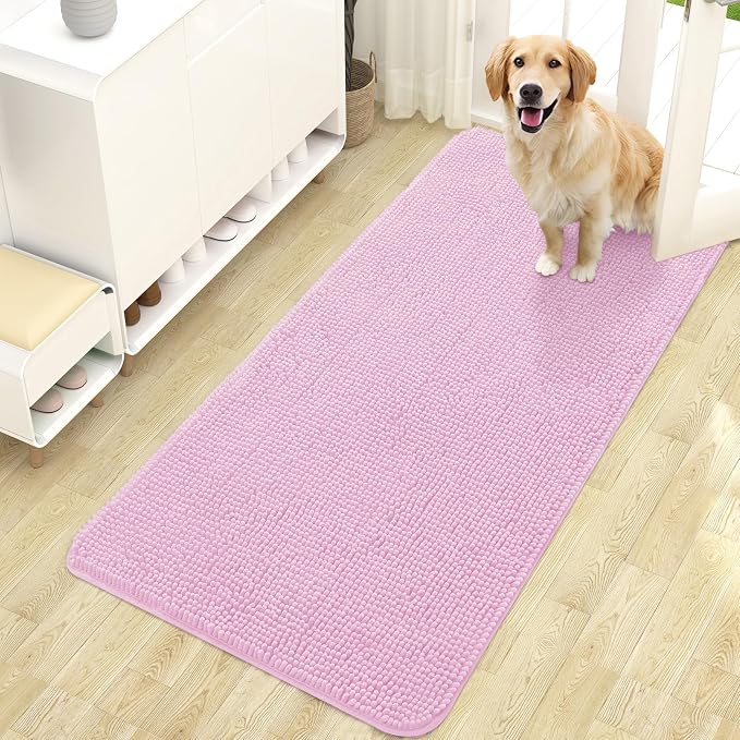 OLANLY Dog Door Mat for Muddy Paws 47x24, Super Absorbent Chenille Mud Mat | Pink, Absorbs Moisture and Dirt, Non-Slip Machine Washable Doormat, Quick-Drying Indoor Entryway Floor Carpet for Dogs
