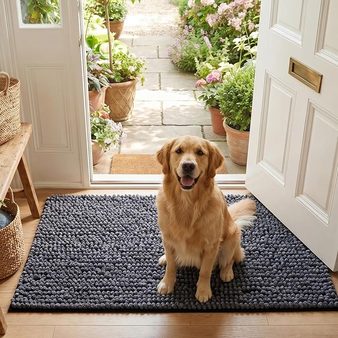 EHEYCIGA Super Absorbent Dog Door Mat for Muddy Paws 24x16 Inch Indoor, Front Doormat Outside Entrance, Quick Dry Chenille Washable Dog Crate Bed, Non-Slip Pet Rug Mud Mat Outdoor Entryway, Dark Grey