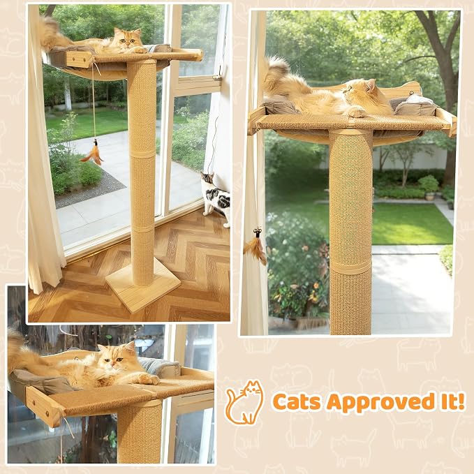 Cat Window Perch Hammock with 3-Piece Detachable Roman Column Sisal Scratching Posts, Gray Fluffy Cusion, Drill-Free Suction Cup Mount, Extra Large for Large Cats & Maine Coons, 60 LBS Capacity