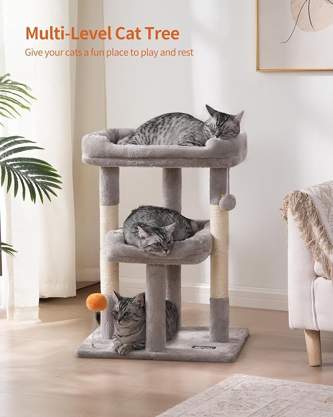 Small Cat Tree, Multi-Level Cat Tree for Indoor Cats, Cat Tower with Scratching Post, Cat Condo for Kittens,Toy Balls, 2 Soft Platform, Light Gray