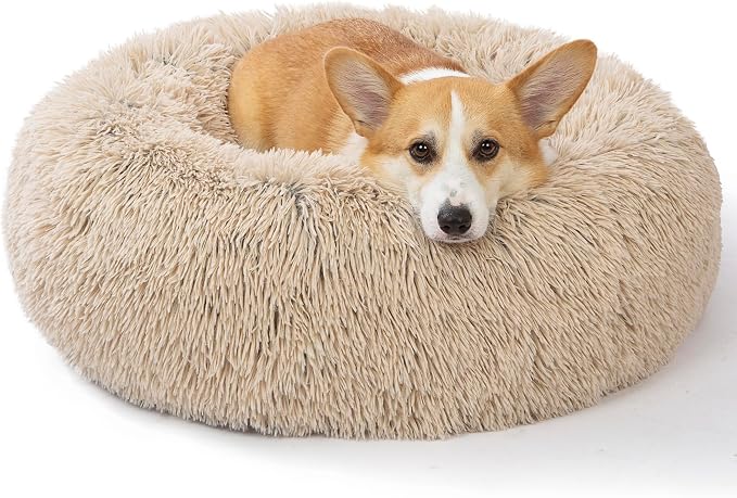 SAVFOX 30 inches Calming Donut Dog Bed - 3X Durable Plush Faux Fur, Machine Washable & Non-Slip, Fits up to 45 lbs, Beige