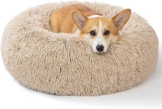 SAVFOX 30 inches Calming Donut Dog Bed - 3X Durable Plush Faux Fur, Machine Washable & Non-Slip, Fits up to 45 lbs, Beige