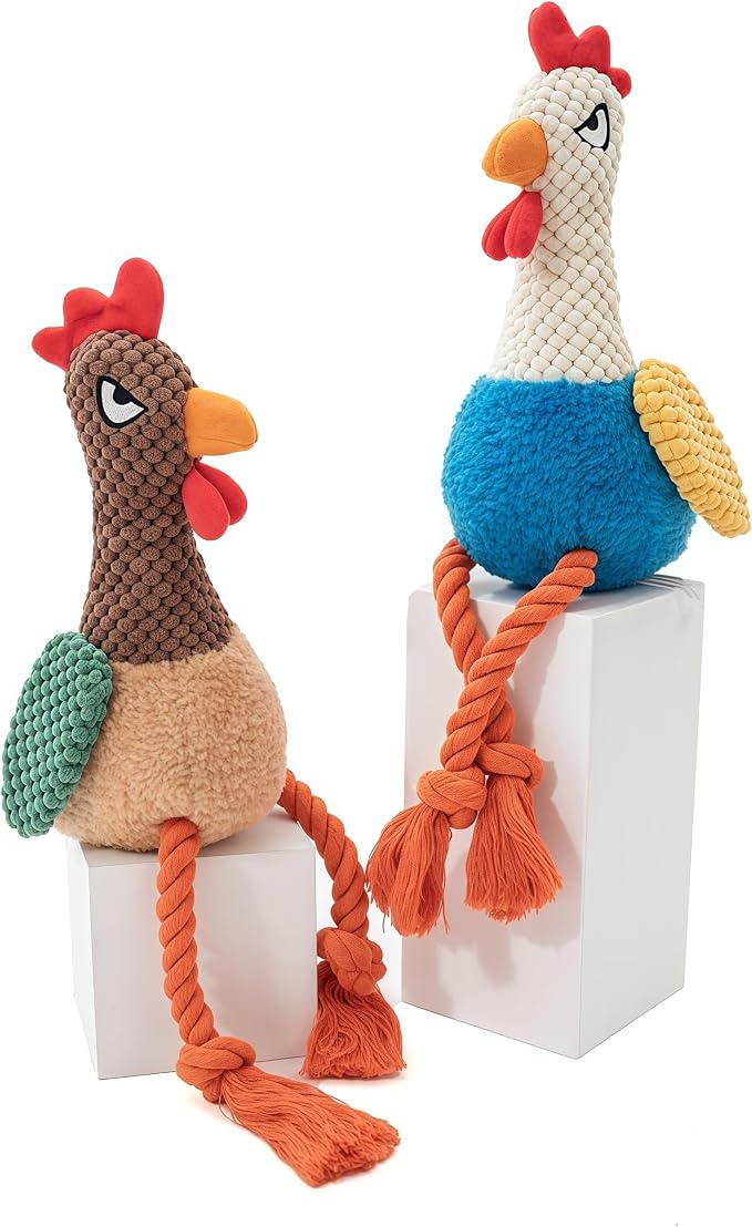 Plush Chicken Dog Toy with Squeaker, Interactive Rope Legs for Small and Medium Dogs, Multicolor Tug and Fetch Chew Rooster Toy