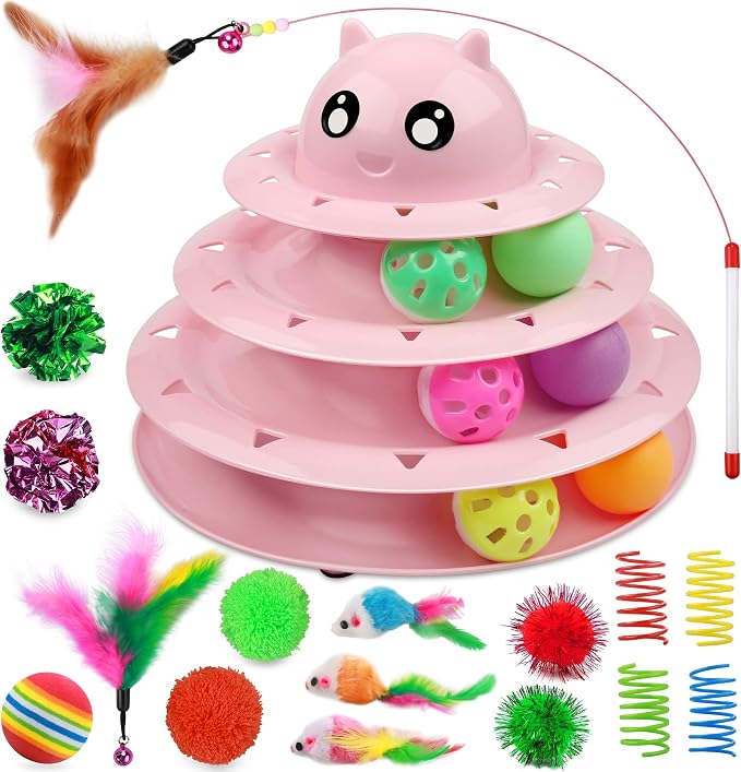 UPSKY 20 PCS Cat Toys - 3-Level Turntable Roller with Balls for Indoor Cats, Kitten Set with Teaser, Mice, Spring, and Various Ball Toys
