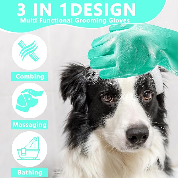 Pet Grooming Gloves—Dog Washing Gloves with High-Density Teeth, Dog Bath Scrubber with Enhanced Five Finger Design, Silicone Gloves for Dogs and Cats Bathing, Massage (Turquoise)