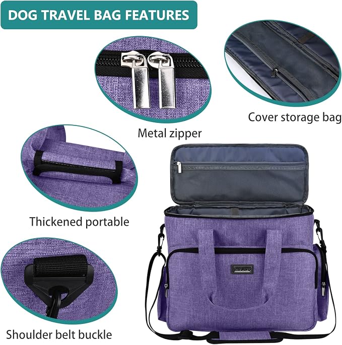 BAGLHER Dog Travel Bag, Airline Approved Pet Tote Organizer with Multi-Function Pockets, 2 X Food Storage Containers and 2 X Collapsible Bowls, Perfect Weekend Pet Travel Set for Dog, Cat Purple