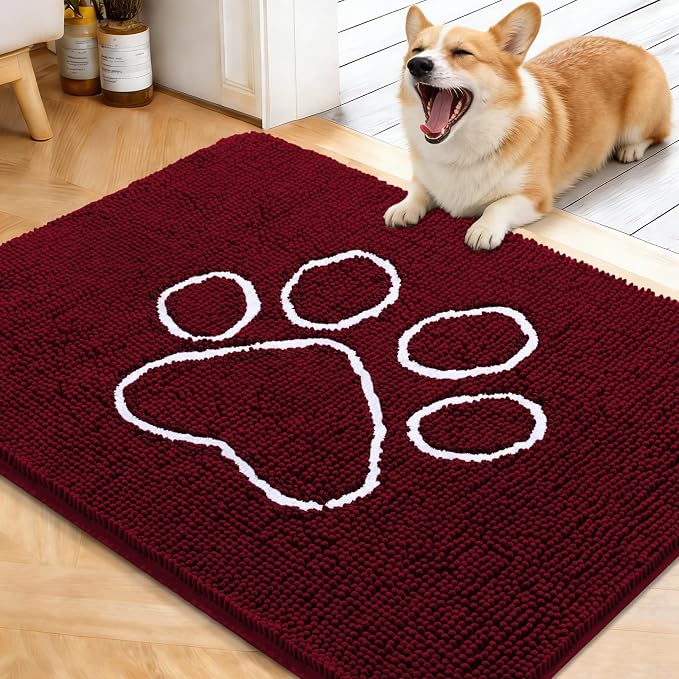 OLANLY Dog Door Mat for Muddy Paws 40x32, Paw Print Design Chenille Mud Mat | Burgundy, Absorbent, Traps Moisture and Dirt, Non-Slip Washable Doormat, Quick-Drying Indoor Entryway Floor Carpet for Dogs