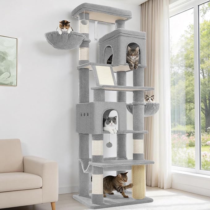 Hzuaneri Tall Cat Tree 84 Inch, Indoor Large Multi-Level Cat Tower | Cat Condo Furniture with 5 Scratching Post, 2 Hanging Basket, 2 Condo, 2 Large Platform, Pet Play House, Light Grey MS21318LG