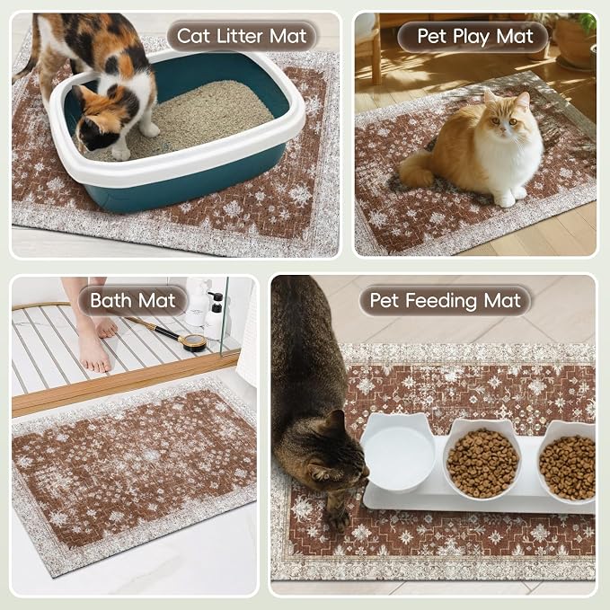 Cat Litter Mat Litter Trapping Mat, 24"x15" Waterproof Urine Proof Litter Box Mat Catcher Mat Non-Slip Washable for Kitty Kitten, Brown