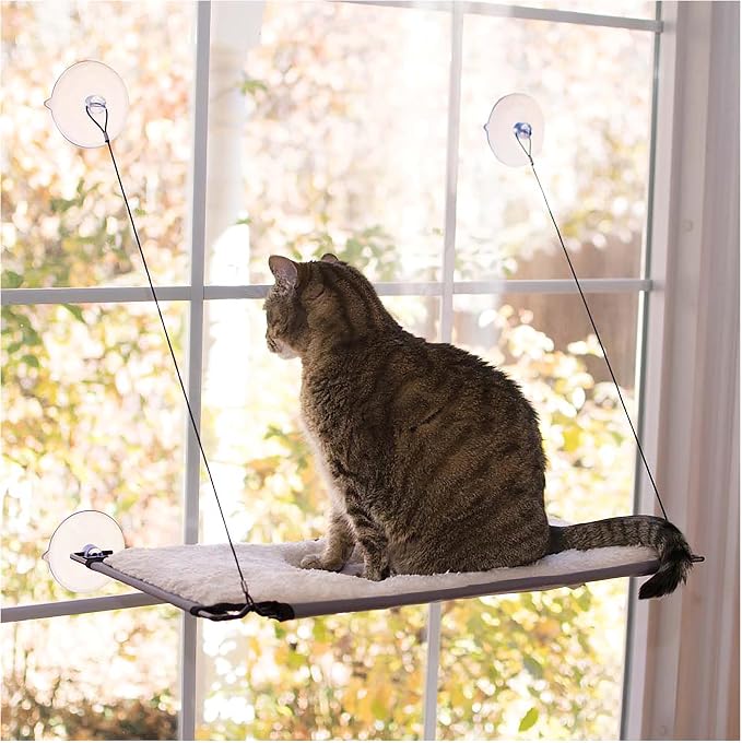 K&H Cat Window Perch, Lounger for Large Cats - 23x12in Fleece | Cat Window Hammock Bed, Steel Frame, Sturdy Suction Cups, Washable Shelf Cover, Foldable