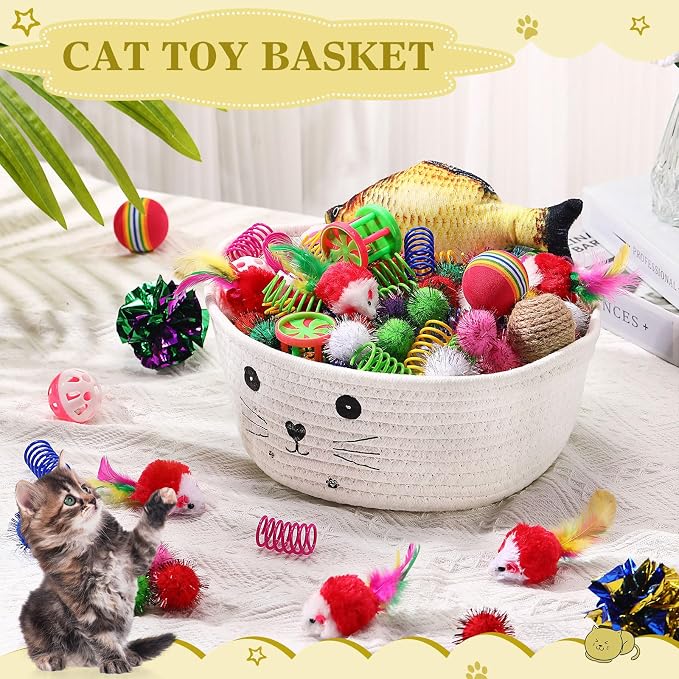 Zopeal 58 Pcs Summer Cat Storage Basket Gift Toys Set, Colorful Flashing Balls Pet Bell Crinkle Balls Spring Toys Attract Cat to Swat, Hunt, Interactive for Pet(White,9.8 Inch)