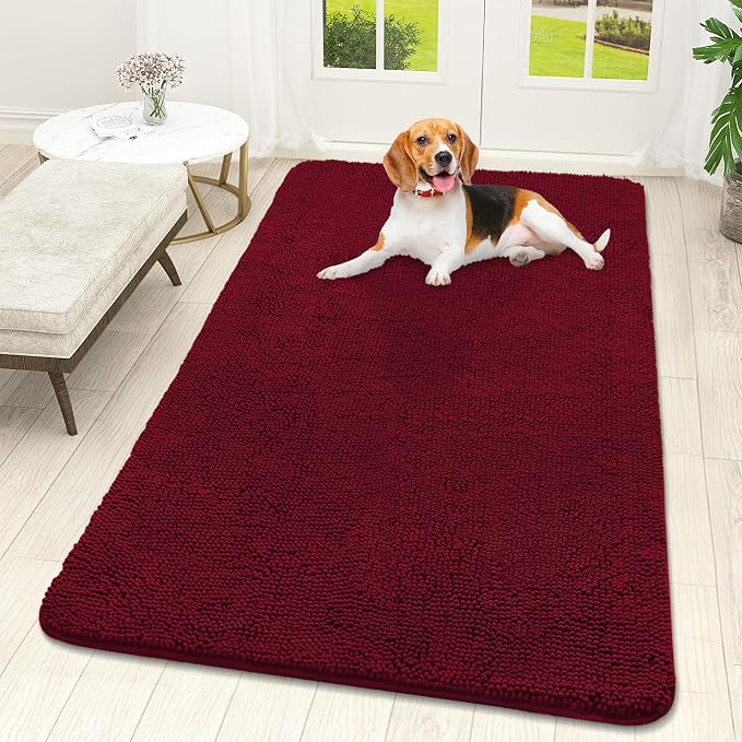 OLANLY Dog Door Mat for Muddy Paws 59x32, Super Absorbent Chenille Mud Mat | Burgundy, Absorbs Moisture and Dirt, Non-Slip Machine Washable Doormat, Quick-Drying Indoor Entryway Floor Carpet for Dogs
