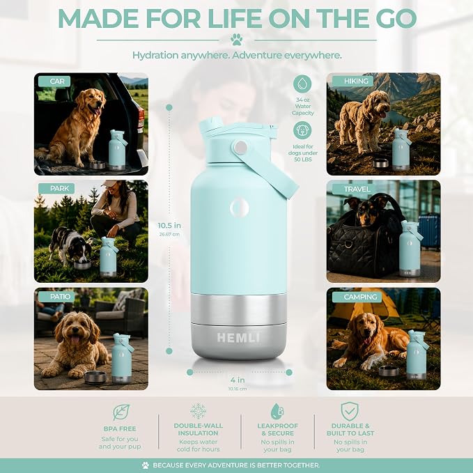 32 oz. Dog Water Bottle, Insulated Dog Travel Water Bottle, Stainless Steel Pet Water Bottle Dispenser Portable Food and Water Bowl for Dogs for Walking Dog Canteen Travel Kit