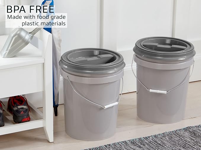 Mighty Tuff 5 Gallon / 21 Pound Pet Food Storage Container, Pack of 2 with Metal Handle and Airtight Lid to Lock in Freshness, Light Grey Base & Dark Grey Lid