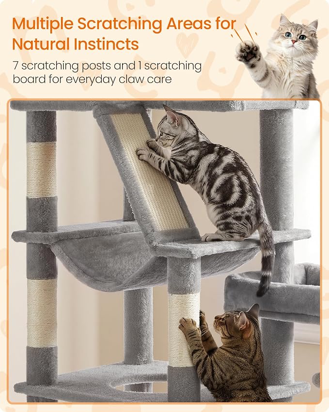 Feandrea 74.1-Inch Cat Tree Tower for Indoor Extra Large Cats, with Scratching Posts, Scratching Board, Multi-Level Design, Dove Gray UPCT016G101S