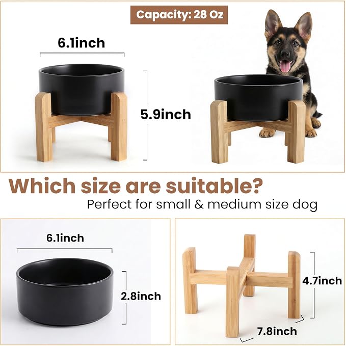 hjn Elevated Ceramic Dog Bowl with Bamboo Stand, Raised Pet Feeding Station for Small Medium Dogs Cats, Modern Design with Anti-Slip Base (Black, 3.6Cup)