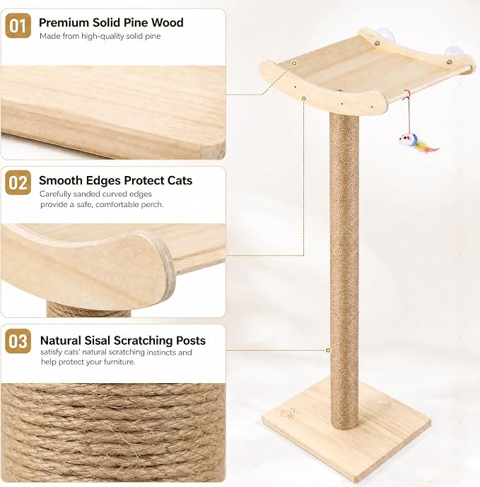 Cat Window Perch with Scratching Posts, 46-Inch Wooden Tree for Large Cats | For Big Cats & Maine Coons; Heavy-Duty Suction Cups Mounting; Spacious Wood Bed ; Drill-Free; Holds Up to 40 lbs
