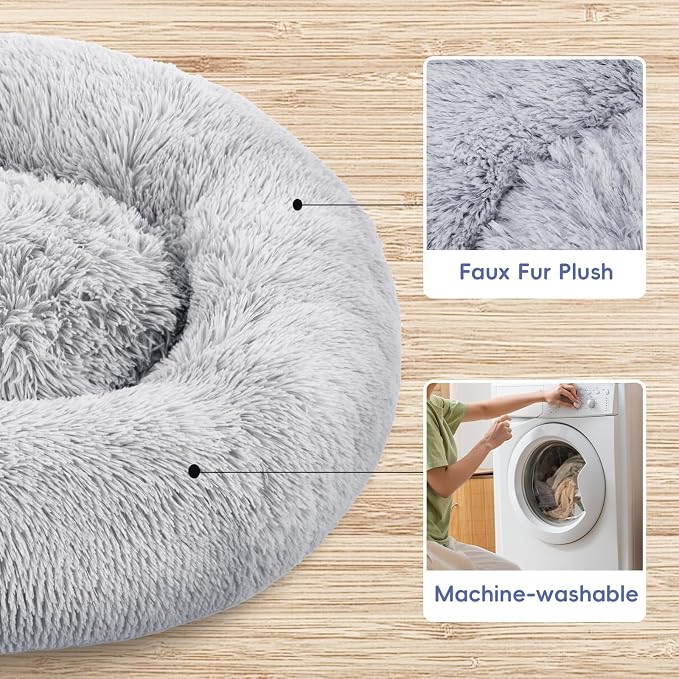 FluffyDream 20 inch Round Donut Bed, Plush Fur Cuddle Bed for Dogs and Cats, Grey, Washable