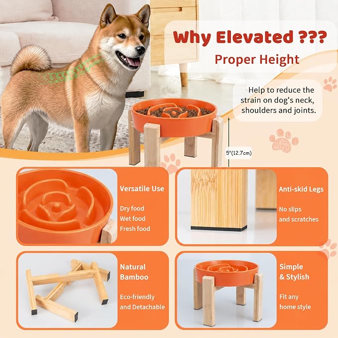 Elevated Slow Feeder Dog Bowl Large Breed, 8.8 Inch Ceramic Slow Eating Bowl with Bamboo Stand, Anti-Choking Raised Maze Design for Medium to Large Dogs, 3.2 Cup, Orange