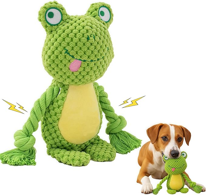 Cotton Rope Squeaky Dog Toy with Crinkle Paper – Interactive Plush Chew Toy for Small & Medium Puppies, Frog Design