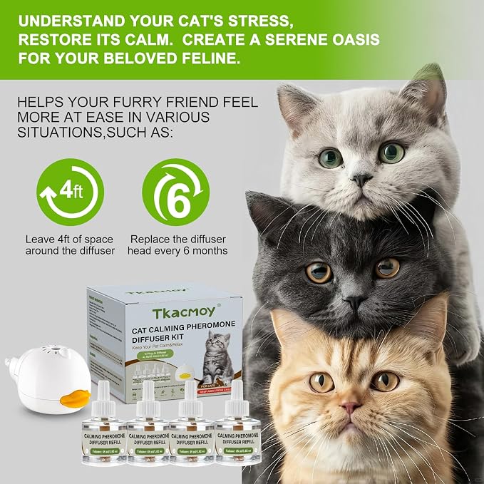 Cat Calming Diffuser, 4-in-1 Pheromone Refills for Anxious Cats, 120-Day Continuous Stress Relief for Multi-Cat Harmony (C)