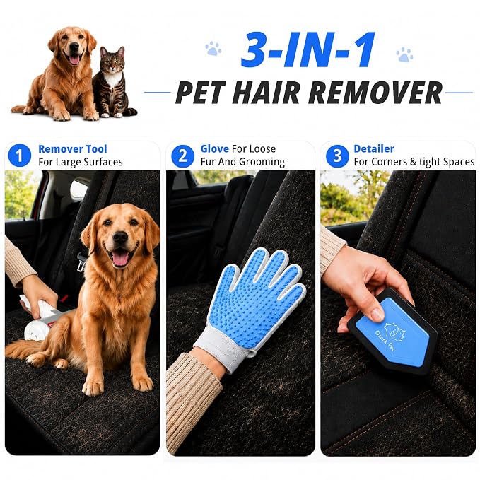 Pet Hair Removal for Home & Car 3-in-1 – Reusable Dog & Cat Removal Kit with Pet Tool, Glove, Mini Detail Cleaning & Furniture Hair Remover for Couch, Upholstery & Car Seats (Blue, Combo 3-in-1)