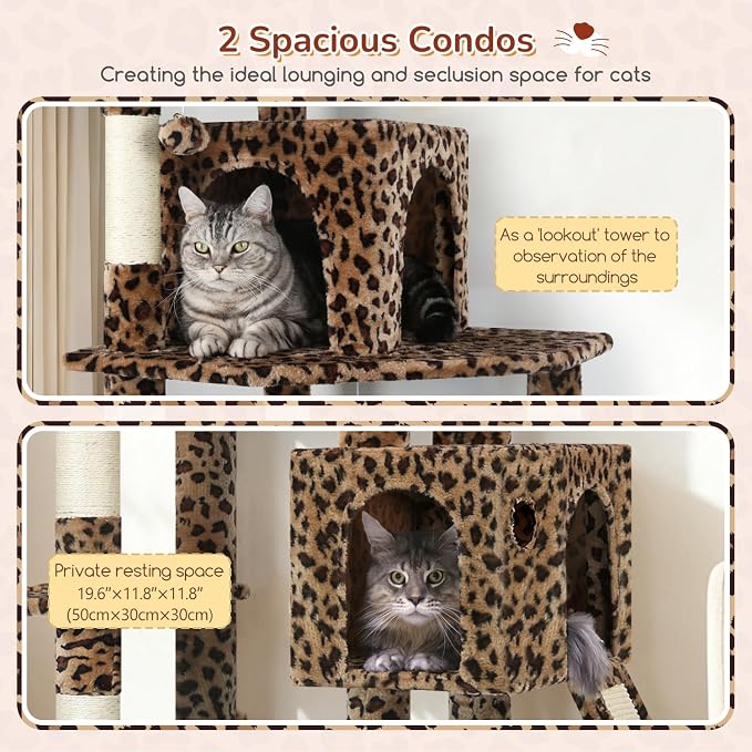 Globlazer Heavy Duty Leopard Cat Tree, 70in Sturdy Cat Tree for Indoor Cats Sturdy Large Cat Tower with Scratching Post & Board, Hammock, 2 Cat Condo for Adult Cats Kittens, F70 Pro, Leopard Print