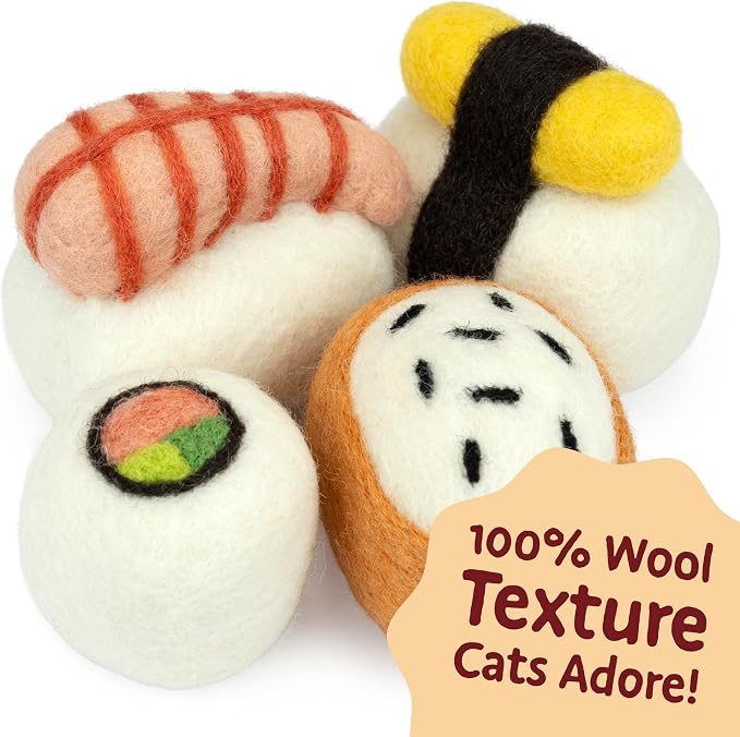 Woolbuddy Sushi Cat Toy Set – Wool Felt Interactive Toys for Indoor Cats & Kittens, Catnip-Free, Durable, Cute Enrichment Toys for Bored Cats, Natural Wool Dental & Hunting Play (Large – 4 Pcs)