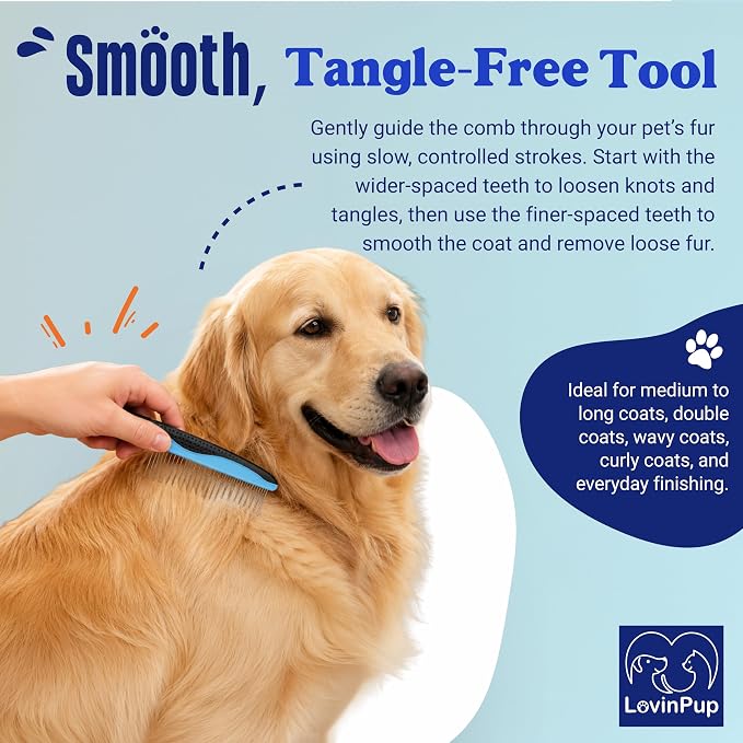 Pet Metal Comb for Dogs and Cats (2-Pack) – Detangling Comb | Stainless Steel Rounded Teeth for Painless Detangling – Dual-Spacing w/Comfort Grip Handle – Professional Grooming Tools