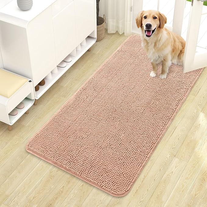 OLANLY Dog Door Mat for Muddy Paws 44x24, Super Absorbent Chenille Mud Mat | Peach, Absorbs Moisture and Dirt, Non-Slip Machine Washable Doormat, Quick-Drying Indoor Entryway Floor Carpet for Dogs