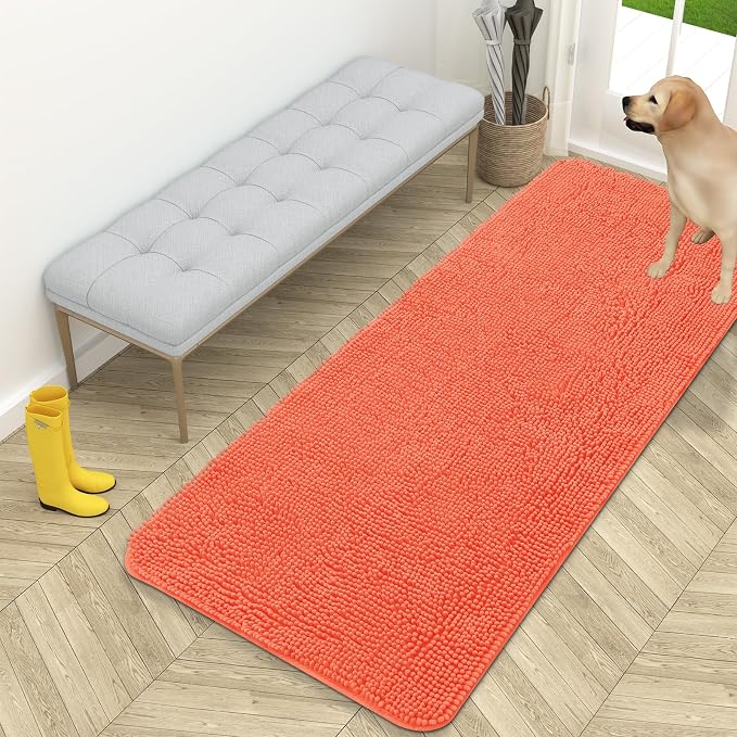 OLANLY Dog Door Mat for Muddy Paws 59x24, Super Absorbent Chenille Mud Mat | Coral, Absorbs Moisture and Dirt, Non-Slip Machine Washable Doormat, Quick-Drying Indoor Entryway Floor Carpet for Dogs