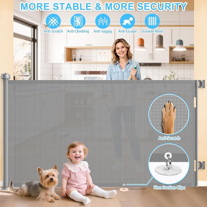71 Inch Retractable Baby Gates Extra Wide, 41 Inch Reinforced Extra Tall Mesh Safety Gate for Kids Pets, Retractable Dog Gate Baby Retractable Gate for Stair Hallways Doorway Indoor Outdoor, Gray