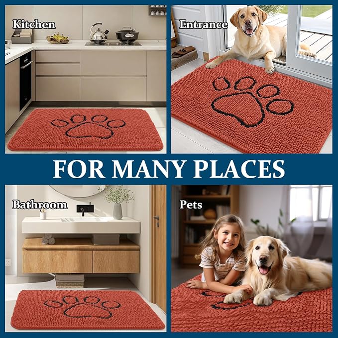 OLANLY Dog Door Mat for Muddy Paws 30x20, Paw Print Design Chenille Mud Mat | Maple Red, Absorbent, Traps Moisture and Dirt, Non-Slip Washable Doormat, Quick-Drying Indoor Entryway Floor Carpet for Dogs