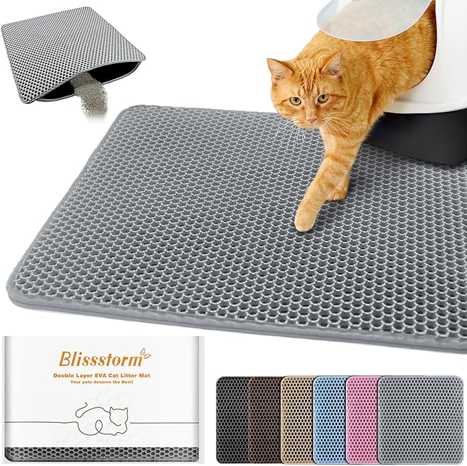 Cat Litter Mat 12"x18",Double Layer EVA litterbox Mat, Gray | Waterproof honeycomb large grid, urine-proof and odor-free. Traps litter, easy cleanup,Washable, non-slip backing